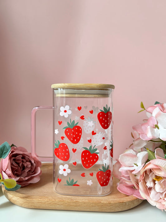 Berry Strawberry - 17oz Squared Glass Can Cup Without Lid